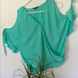 Staccato Teal Cold-Shoulder V-Neck Blouse